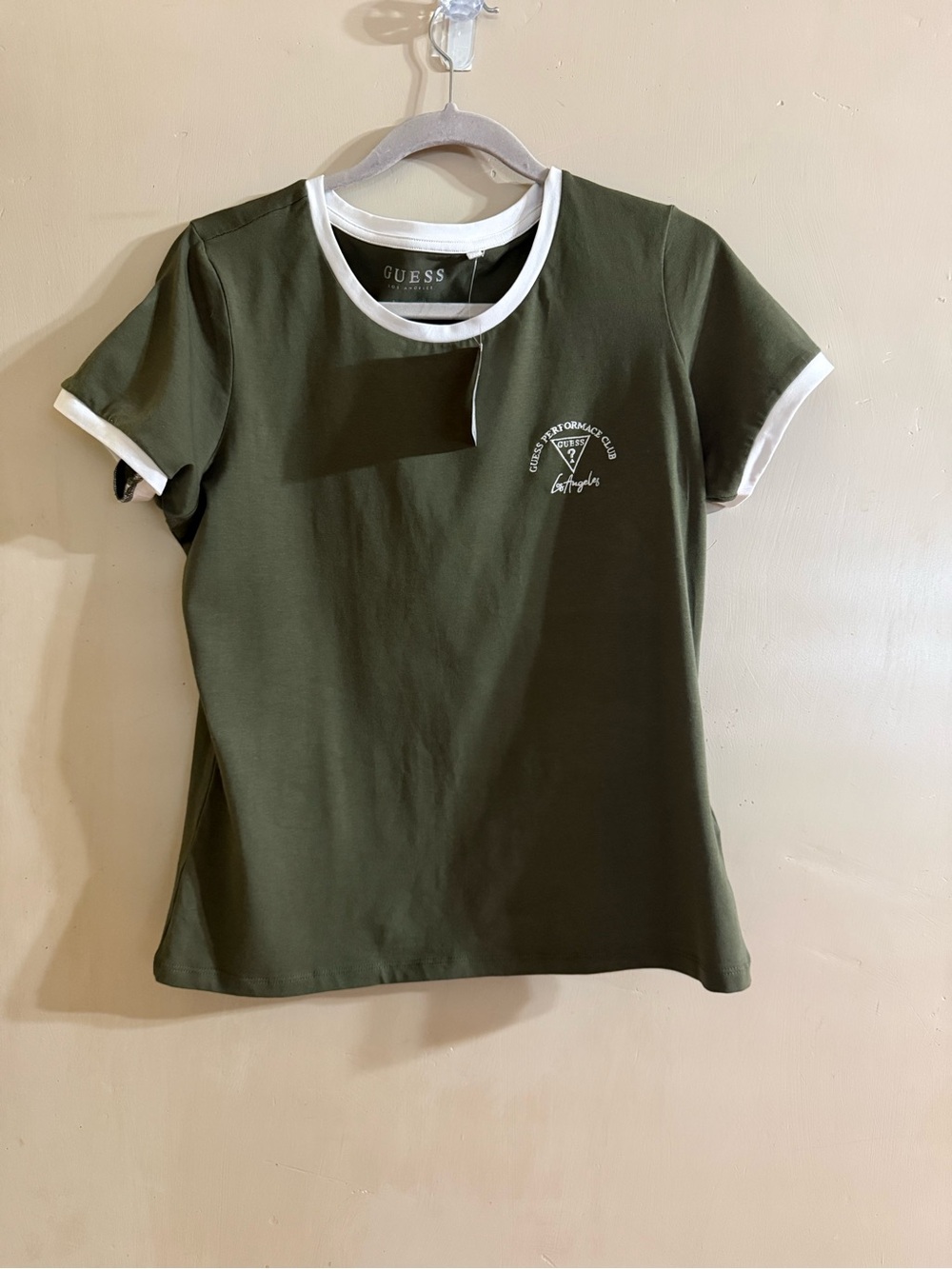GUESS Olive Green Ringer Tee with White Trim XL